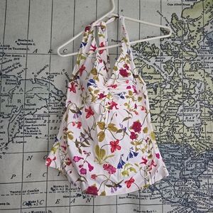 Lands' End White Floral Halter Swim Top with Pink & Blue Blooms